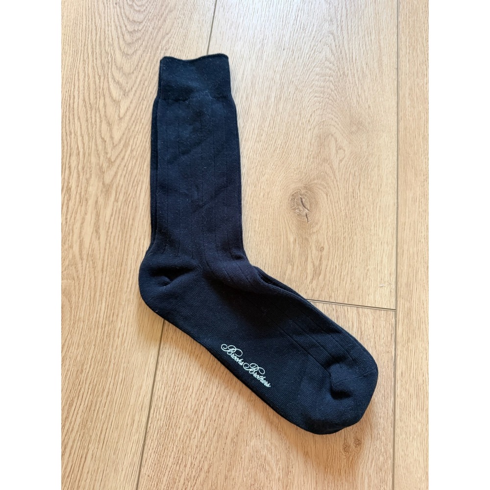 Brooks Brothers Mens Navy Blue Ribbed Mid Calf Dress Socks Script Logo USA Made